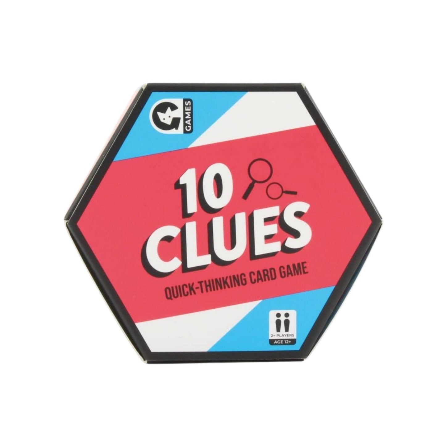 10 Clues Quick-Thinking Card Game box. Hexagonal red and blue packaging