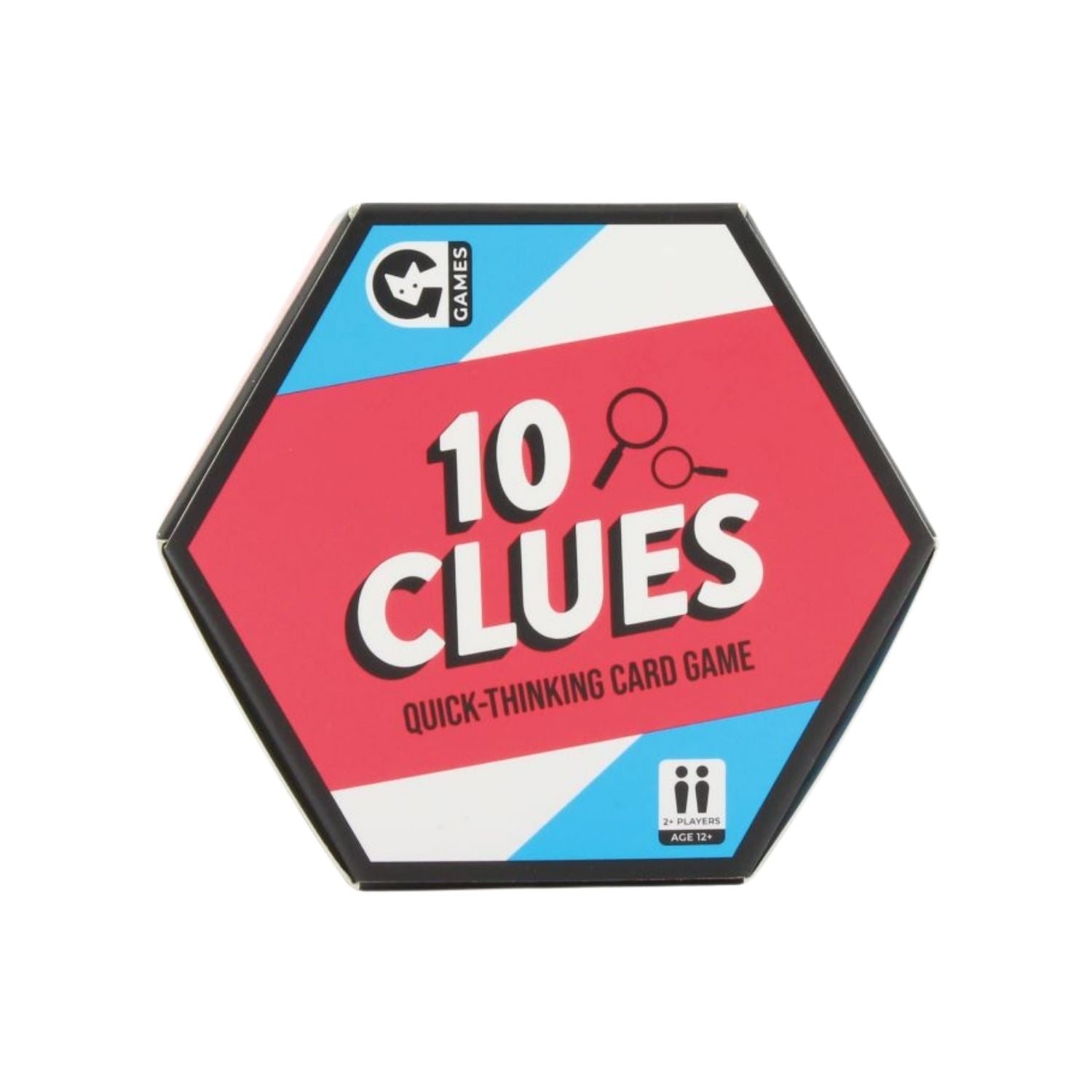 10 Clues Quick-Thinking Card Game box. Hexagonal red and blue packaging