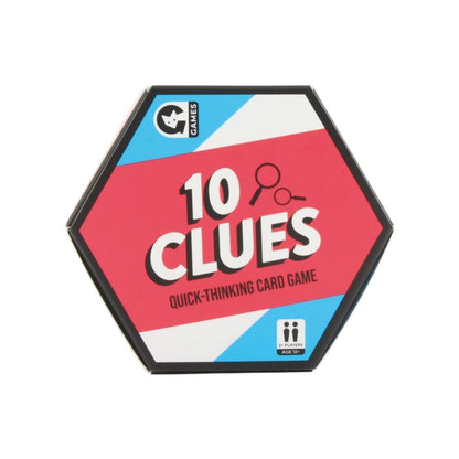 10 Clues Quick-Thinking Card Game box. Hexagonal red and blue packaging