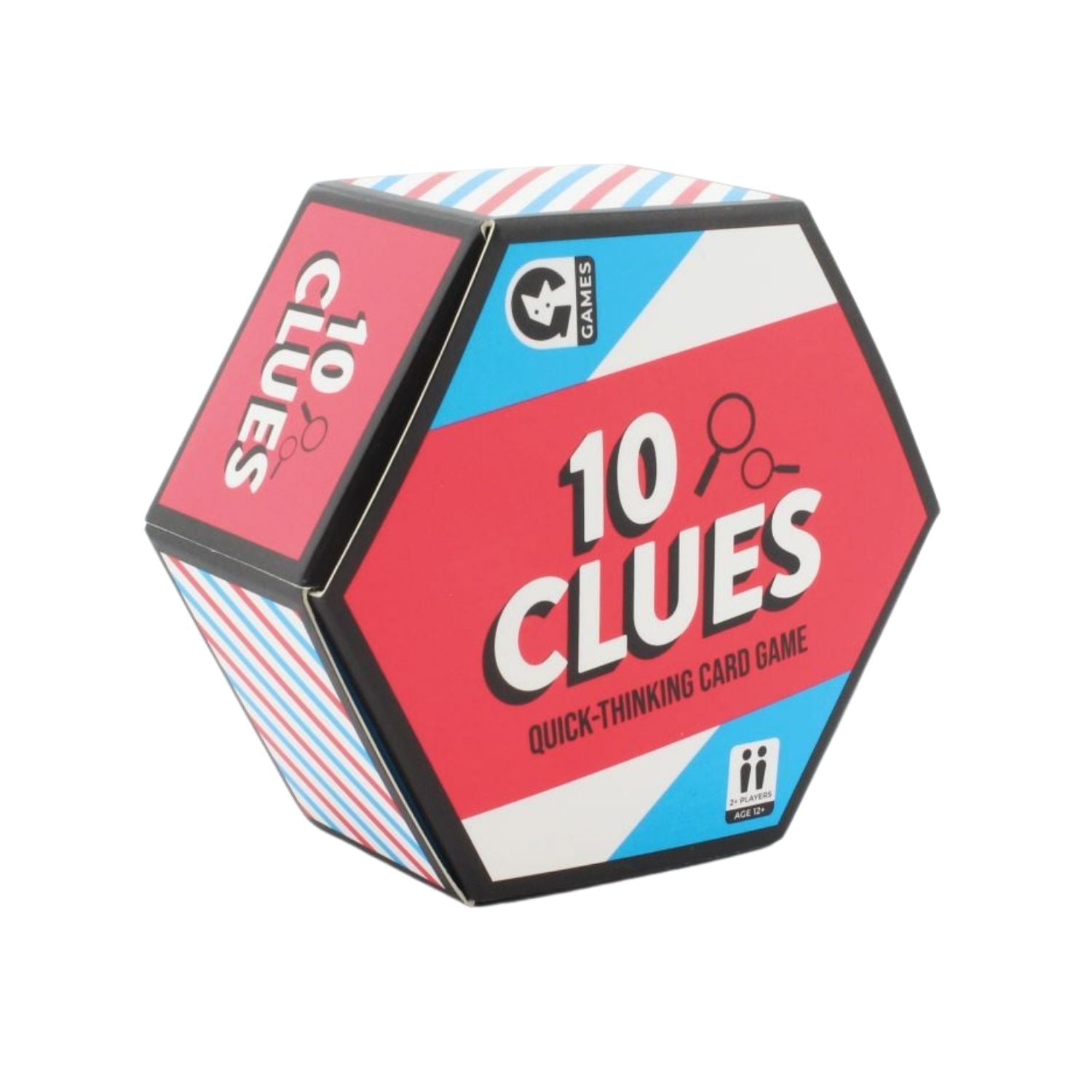 Multi-sided game box for "10 Clues: Quick-Thinking Card Game." Red, white, and blue packaging