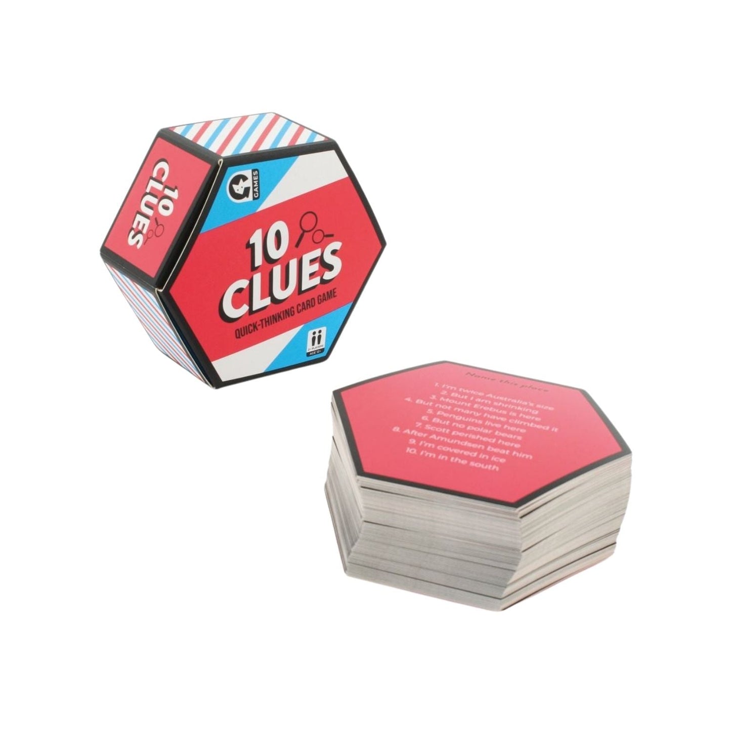 The 10 Clues quick-thinking card game set, featuring the hexagonal box and a stack of clue cards