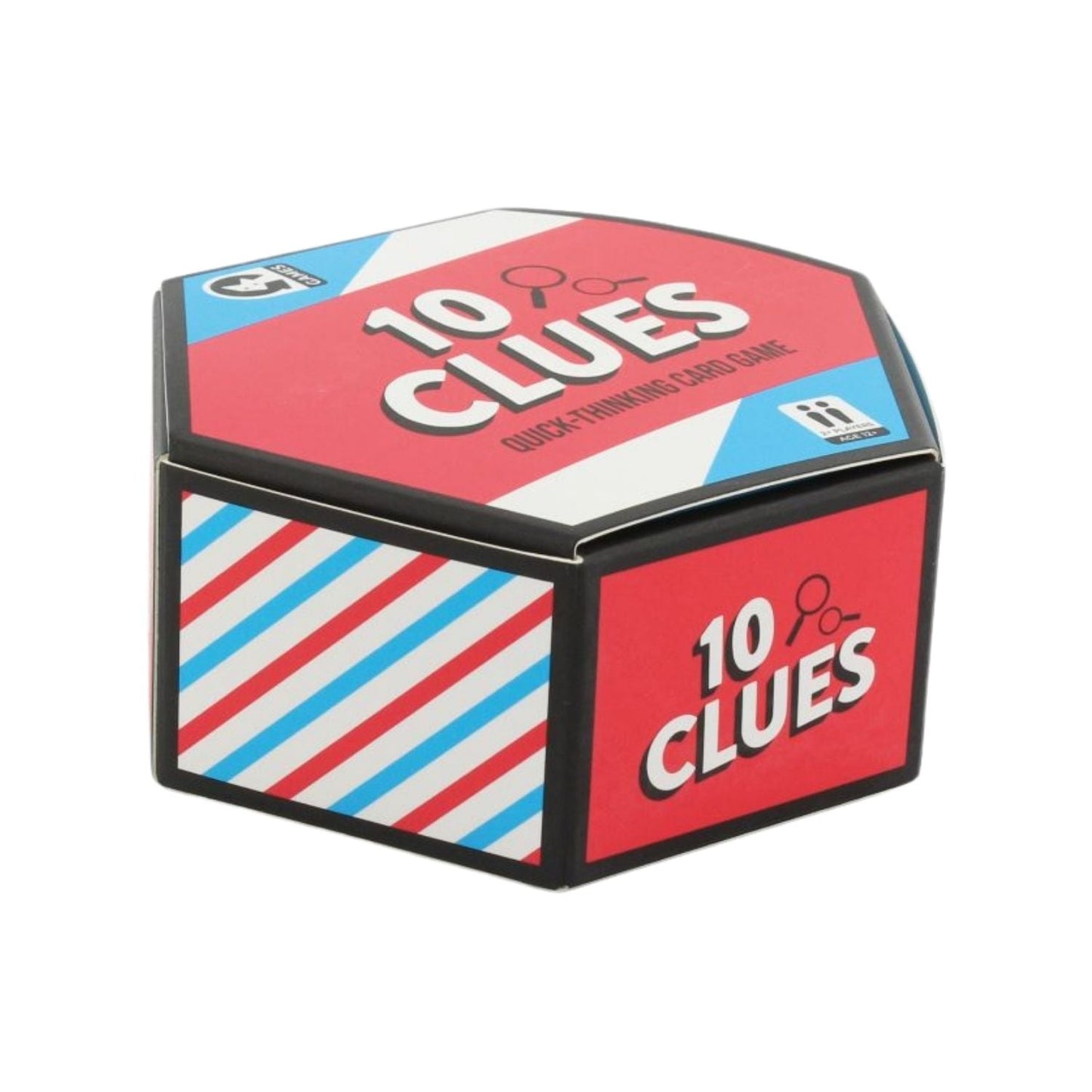 Hexagonal red, white, and blue box for the "10 Clues Quick-Thinking Card Game."