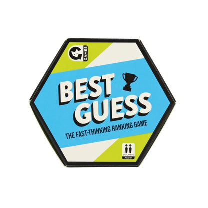 The hexagonal board game box for "Best Guess: The Fast-Thinking Ranking Game."