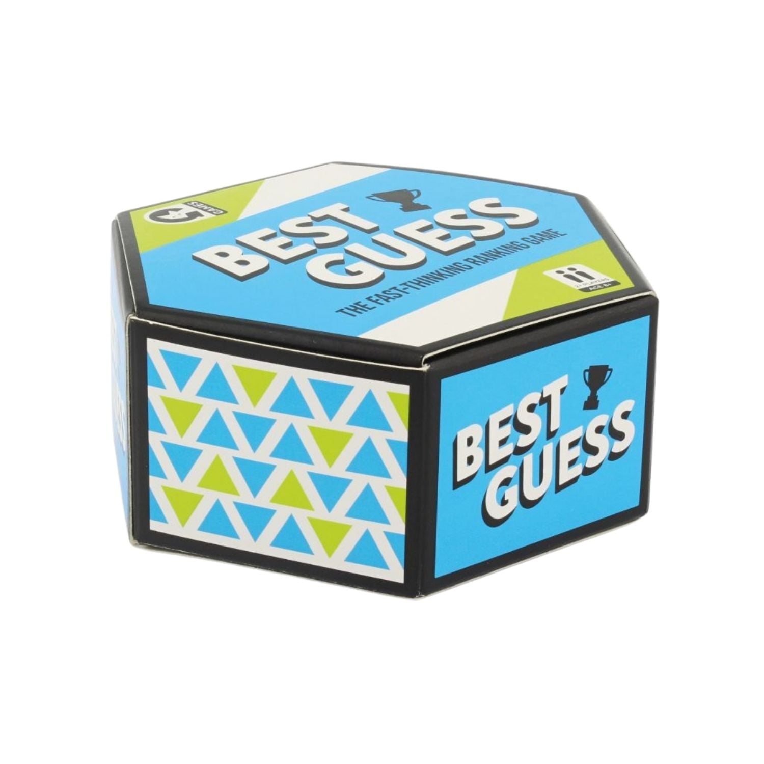 Hexagonal box for "Best Guess: The Fast-Thinking Ranking Game," featuring blue, green, and white graphics