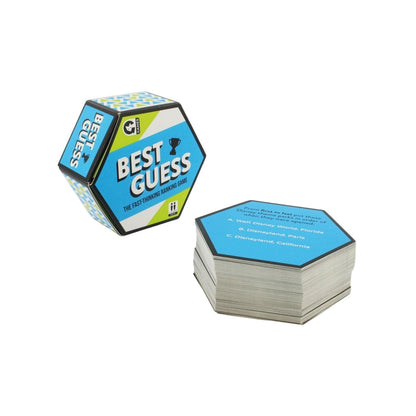 Blue hexagonal Best Guess ranking game box and card stack