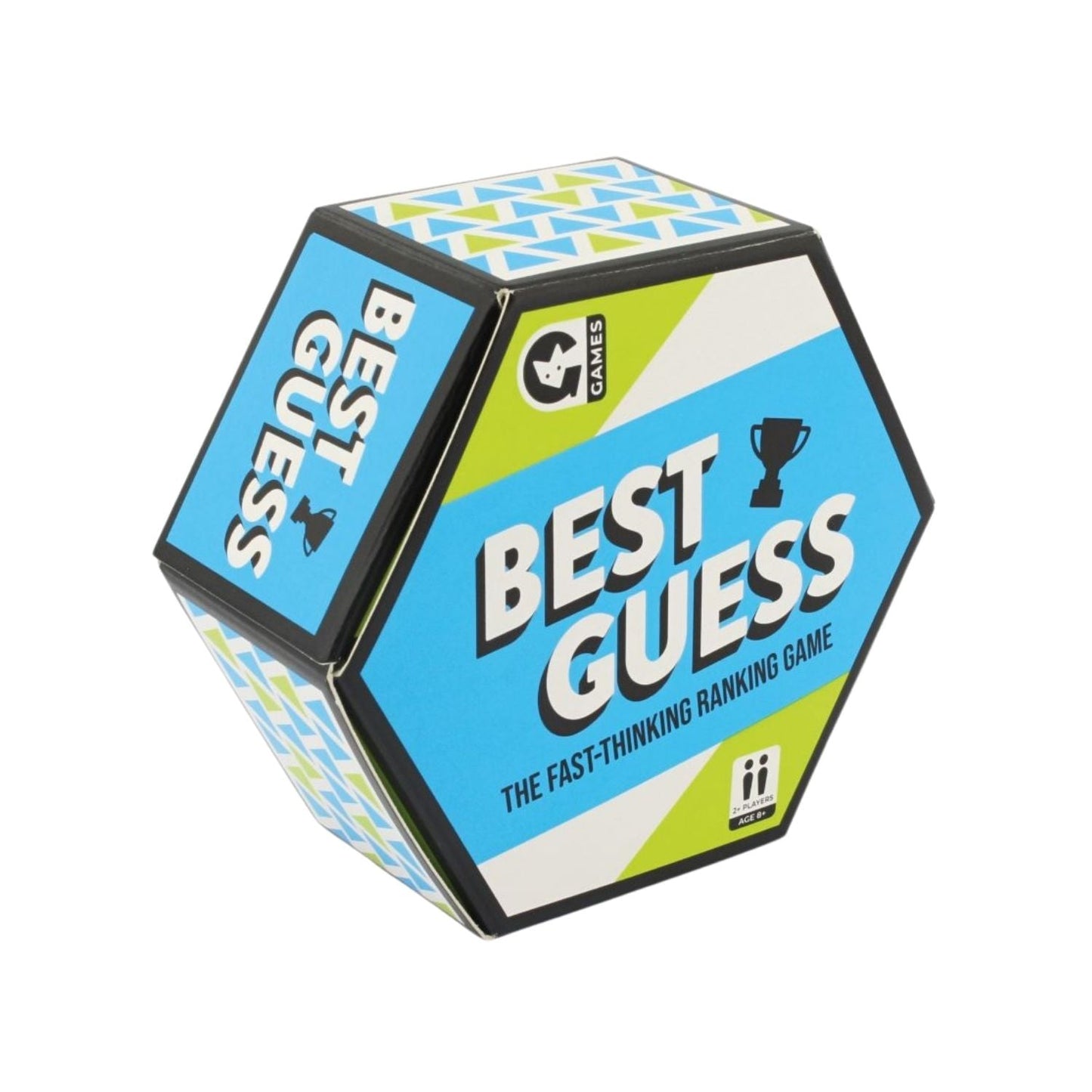 Blue and green hexagonal box for the "Best Guess" fast-thinking ranking game