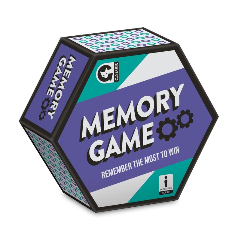 A purple and white hexagonal box for a "Memory Game," featuring gear icons and the slogan "Remember the most to win"