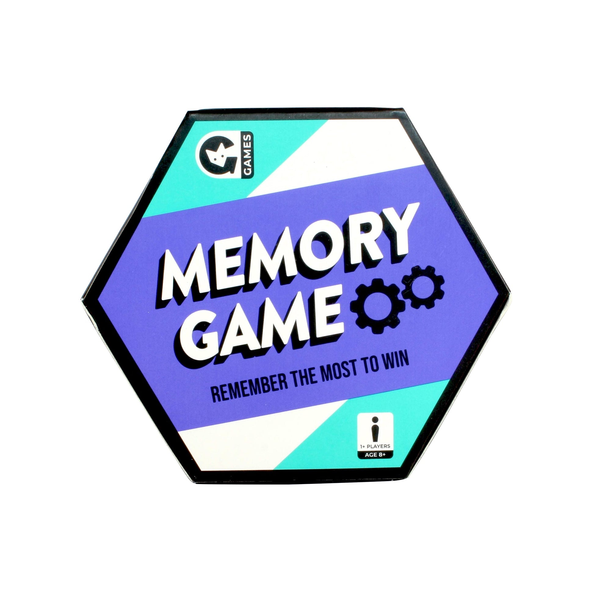 Hexagonal purple and turquoise box for a "Memory Game" with text "Remember the most to win," 1+ Players, Age 8+