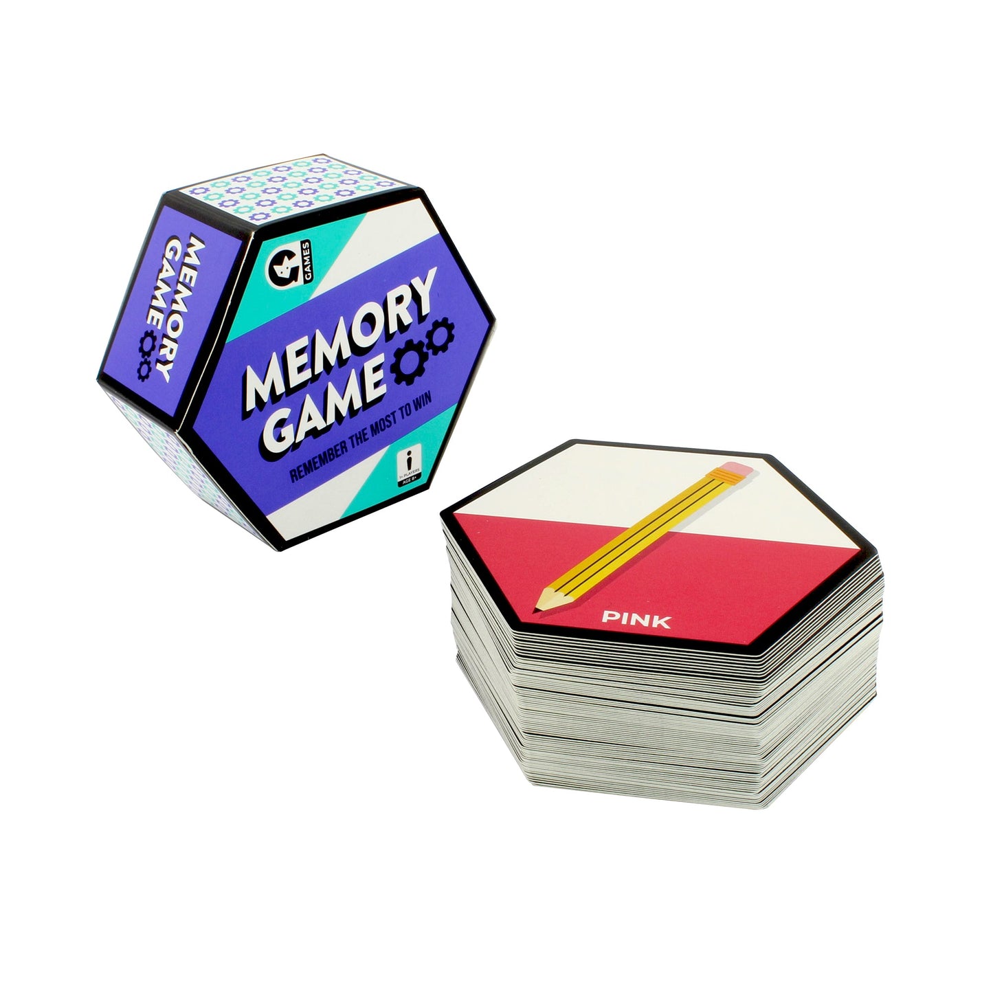 Purple hexagonal 'MEMORY GAME' box and card stack. Top card shows a yellow pencil on red & white