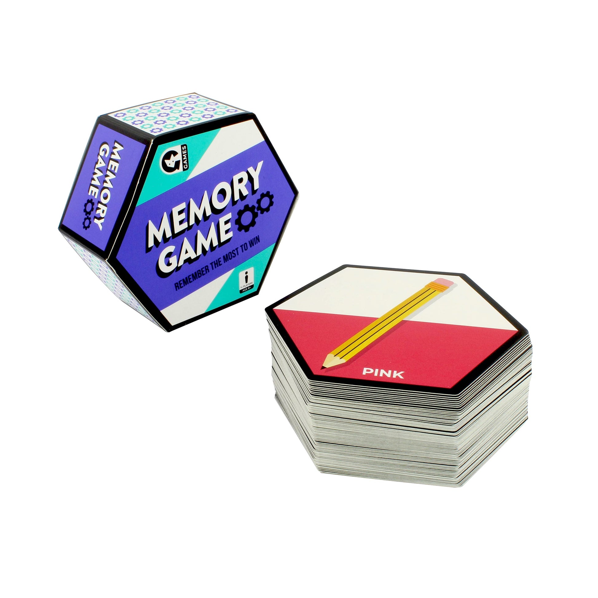 Purple hexagonal 'MEMORY GAME' box and card stack. Top card shows a yellow pencil on red & white