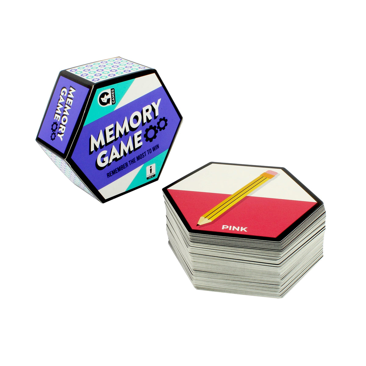 Purple hexagonal &#39;MEMORY GAME&#39; box and card stack. Top card shows a yellow pencil on red &amp; white