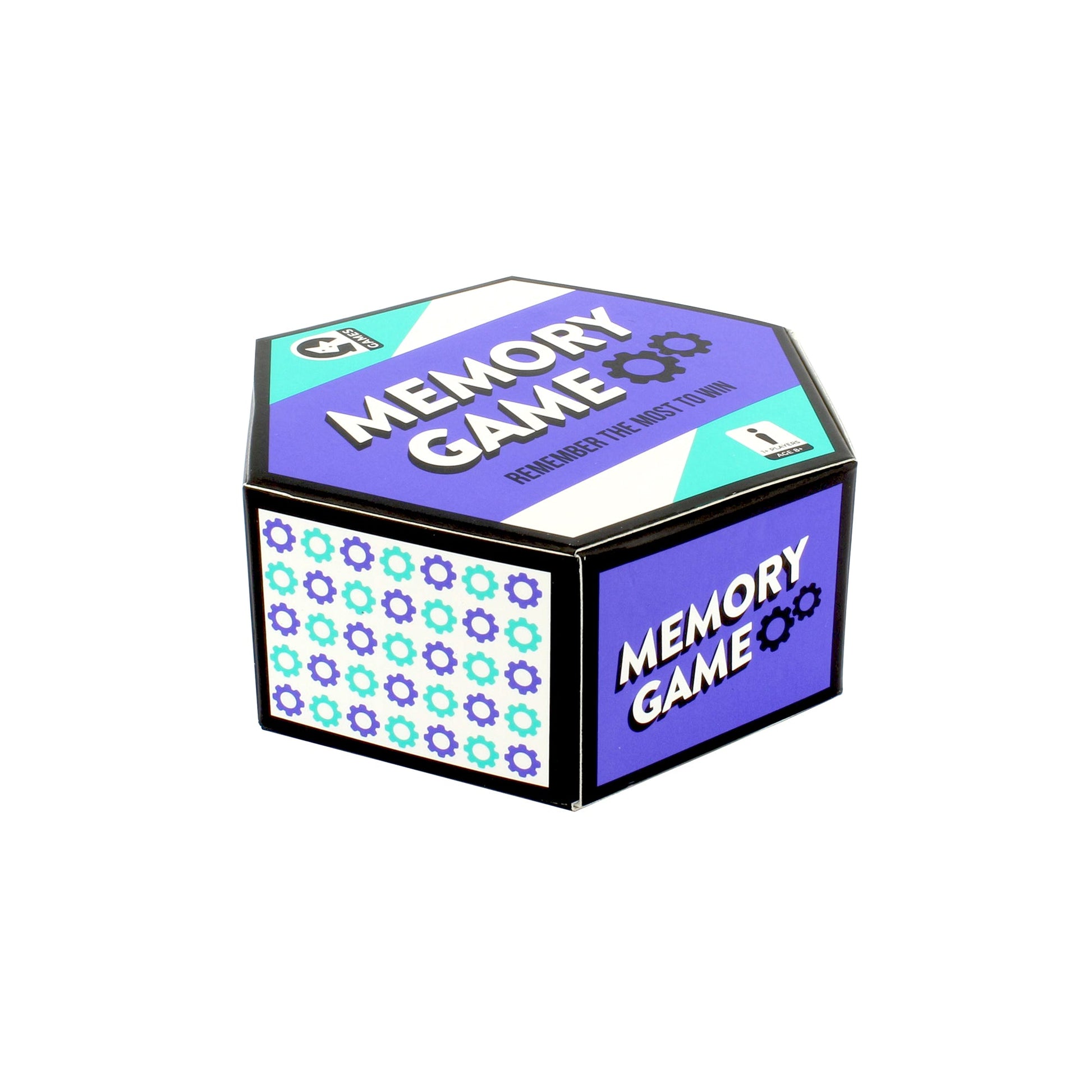 Hexagonal purple & teal "Memory Game" box with gear icons, text "REMEMBER THE MOST TO WIN", on white