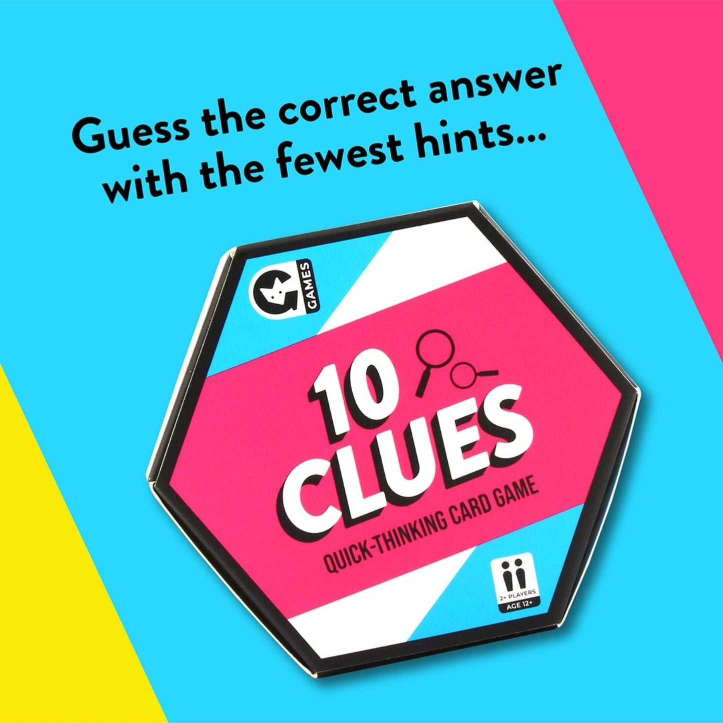 Hexagonal box for the 10 Clues card game. Text says, "Guess the correct answer with the fewest hints..."