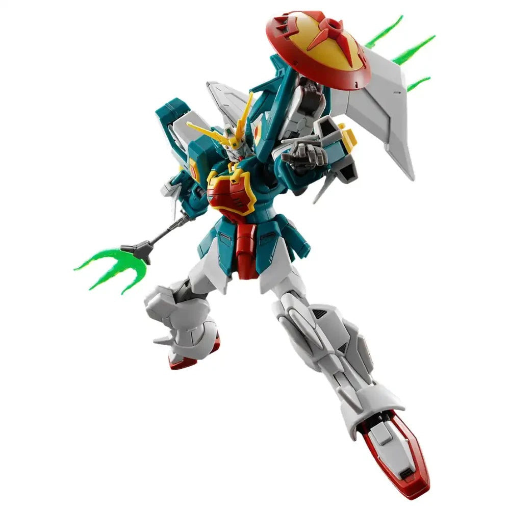 Teal, red, and white Gundam model in a dynamic lunge pose, wielding a green trident and shield