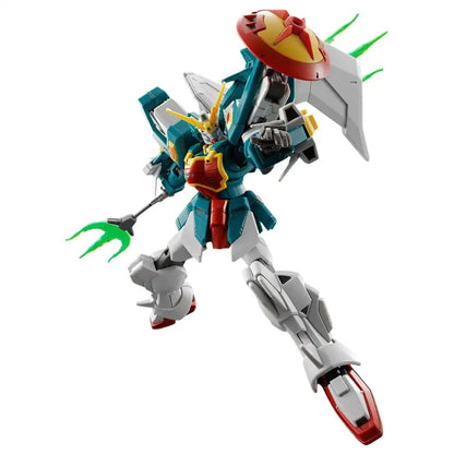Teal, red, and white Gundam model in a dynamic lunge pose, wielding a green trident and shield