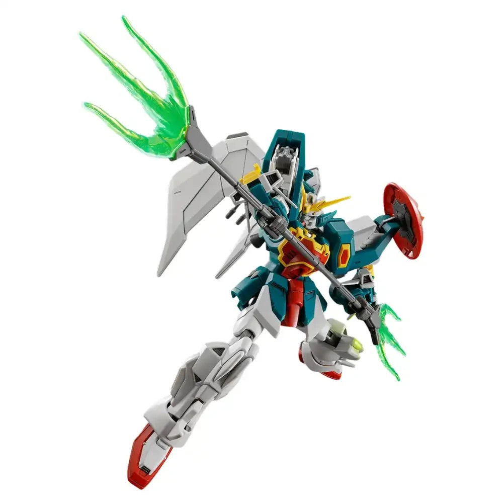 A teal, red, and white Gundam model kit strikes a dynamic pose, wielding a staff with green energy blades and a red shield
