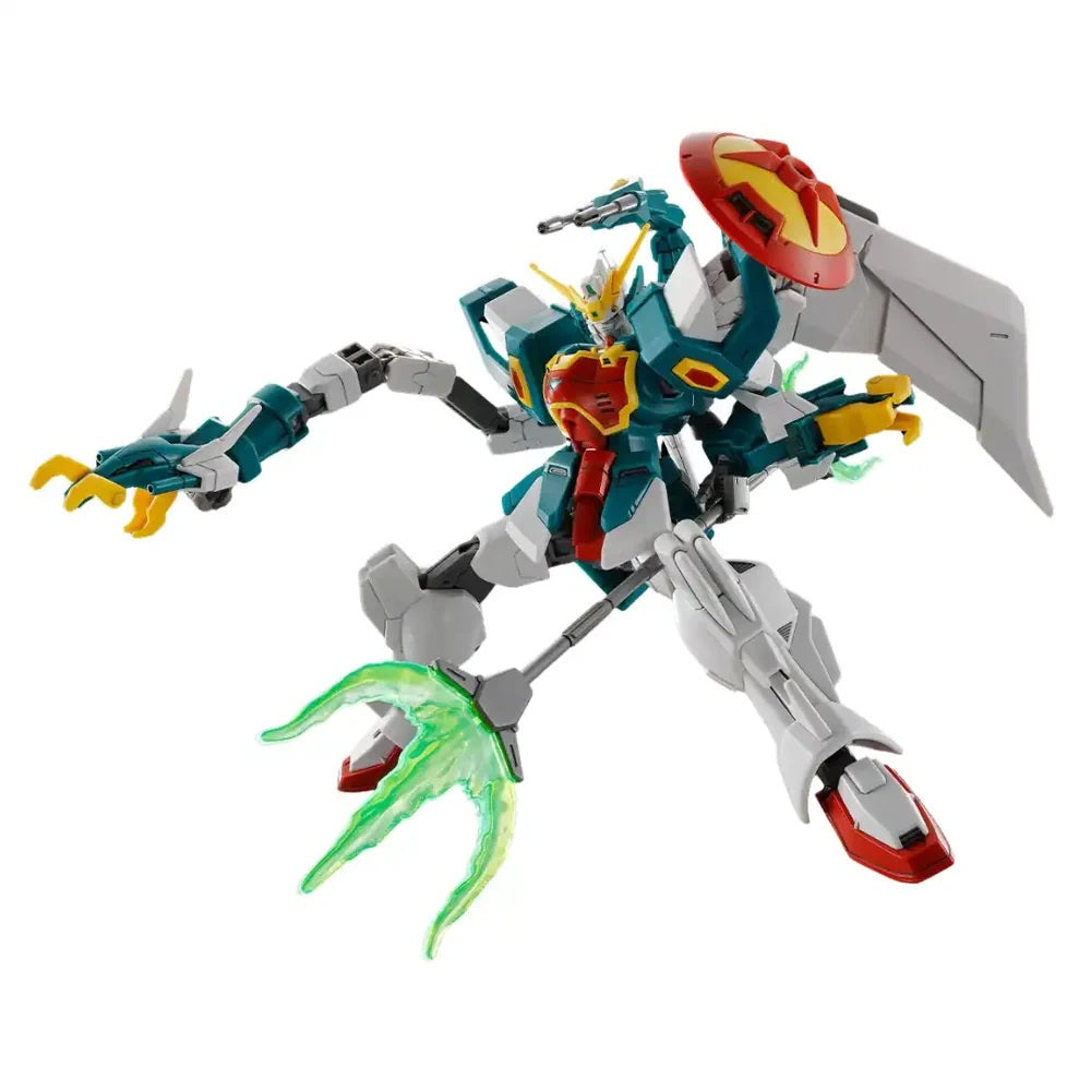 Teal, white, and red Gundam robot in a dynamic pose, with a dragon arm and glowing green energy trident