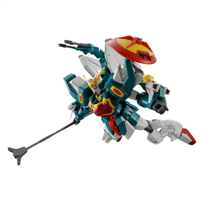 Dynamic teal, white, and red Gundam model in mid-air, wielding a long staff weapon and shield