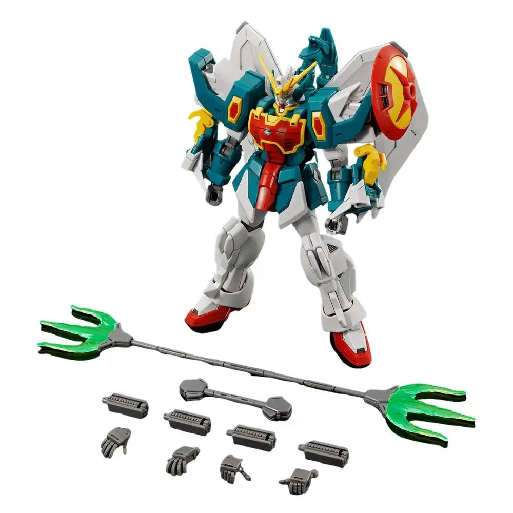 Teal, white, and red Gundam model stands with shield and wing-like shoulders