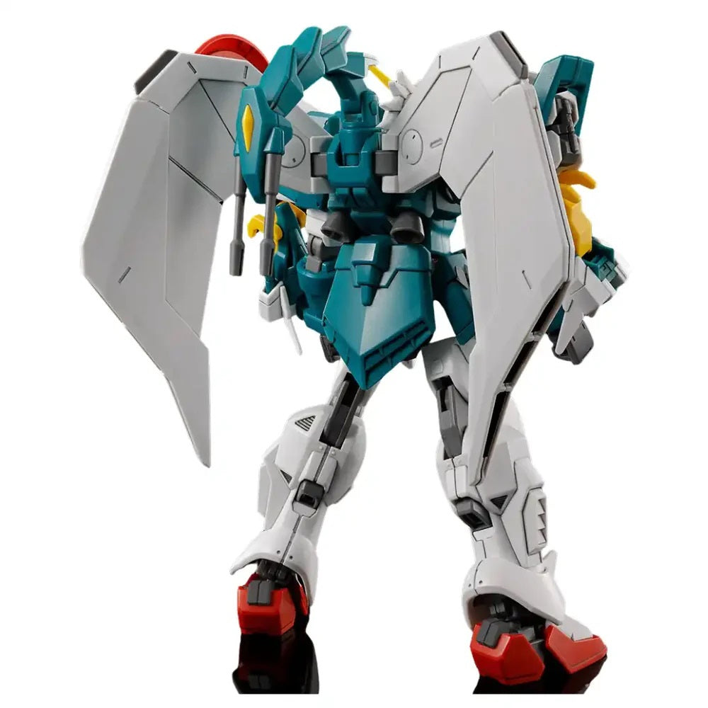 Rear view of a detailed teal, white, and gray Gundam model with large wing binders and red feet accents, standing upright