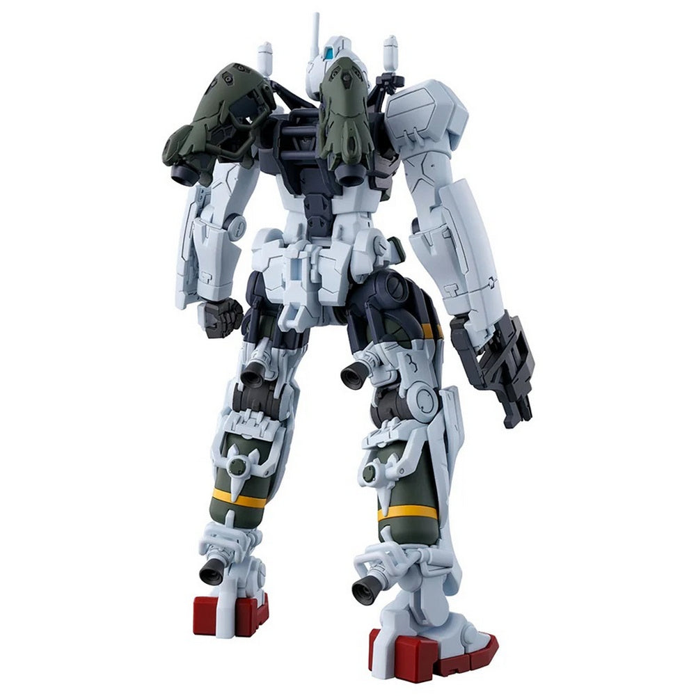 Light gray robot model with exposed frame, olive green thrusters on shoulders and legs, and red feet, standing from behind
