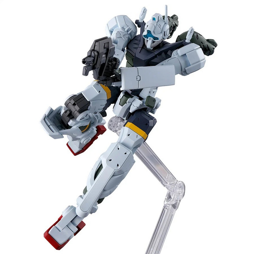 Light gray and dark gray robot action figure with a blue visor, in a dynamic kick pose on a clear stand