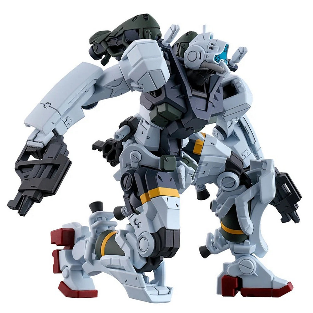 Detailed grey and dark grey robot model with green, yellow, and red details, posed crouching with a black rifle