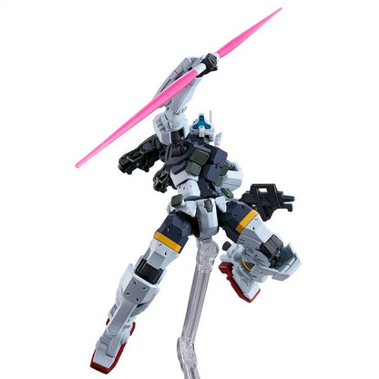 A gray combat robot model in a dynamic lunge, wielding a pink beam saber, on a clear display stand
