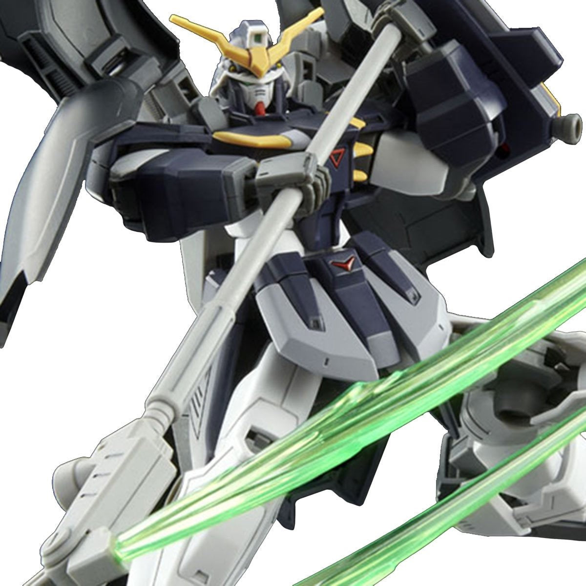 Dark blue and white Gundam holding a rifle, with green energy beams