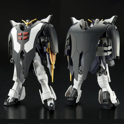 Front and back views of a black, white, and grey robot model wearing a distinctive armored cloak