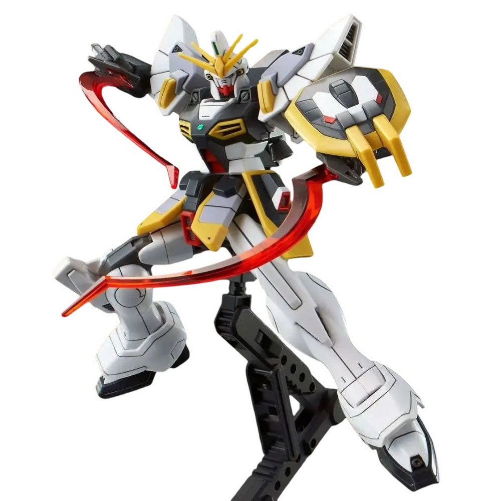 White, black, and yellow Gundam model in a dynamic lunge pose, with a curved red energy effect and a yellow arm shield, on a stand