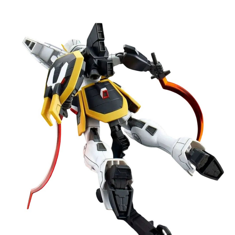 Yellow, white, black Gundam model in dynamic pose, wielding curved fiery sword and red energy whip