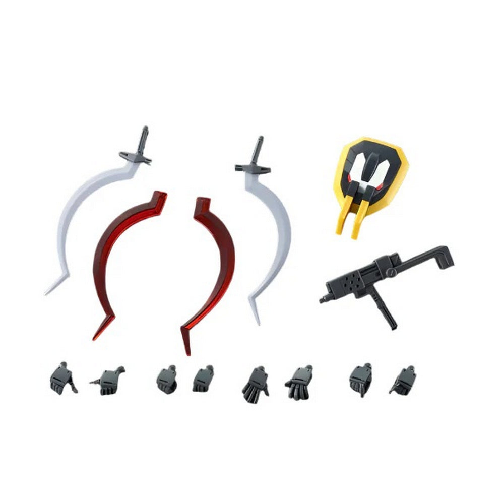 Gundam model kit parts: white & red blades, yellow shield, black rifle, and multiple grey hands