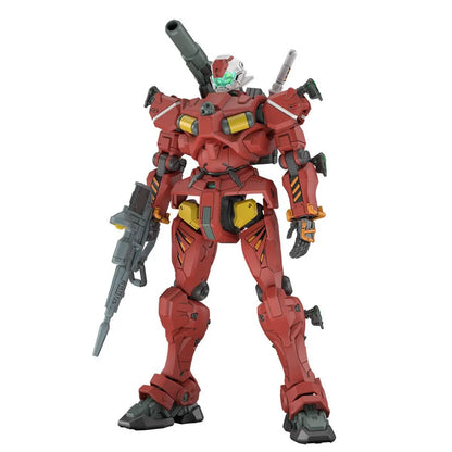 Red mecha stands, holding a rifle and sporting a shoulder cannon, accented with yellow and a green visor