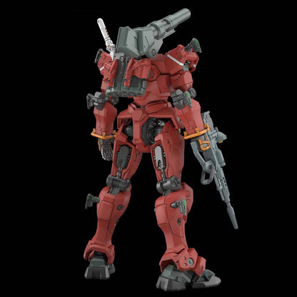 A red armored mecha stands, viewed from the back-right, with a shoulder cannon and arm-mounted rifle