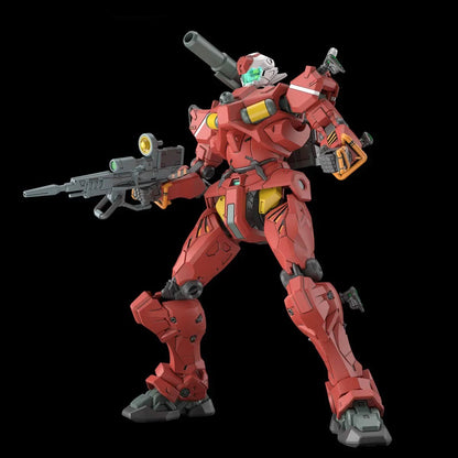 A red and yellow sci-fi robot stands ready, holding a scoped rifle and a shoulder-mounted cannon against a black background