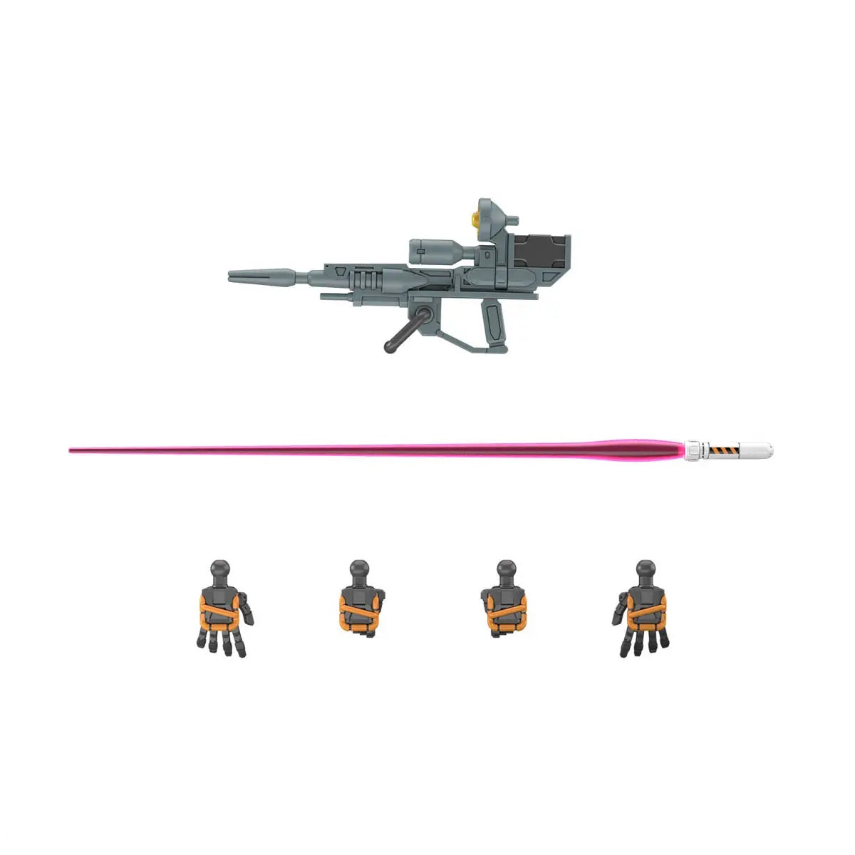 Gray sci-fi rifle, glowing pink beam saber, and four interchangeable robot hands with orange accents