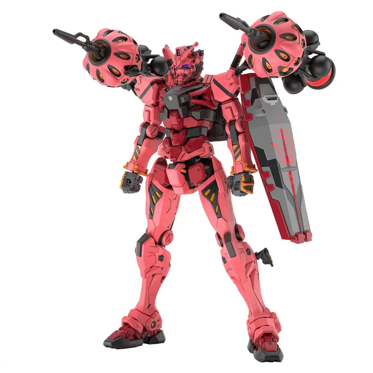 Red armored mecha with spherical weapon pods on its shoulders and a gray shield, standing