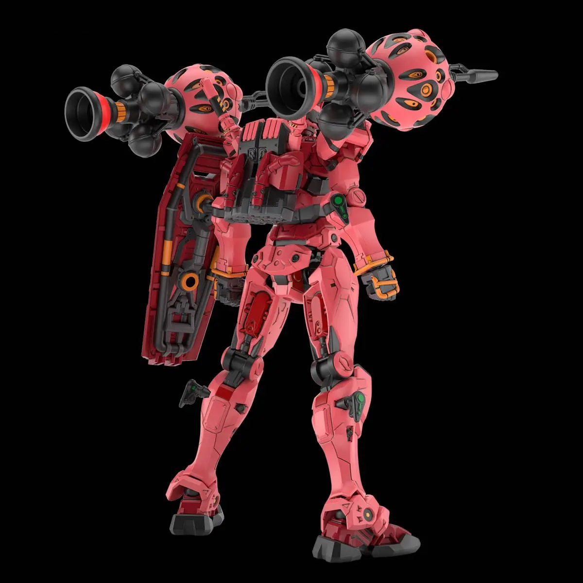 Pink sci-fi mech with large shoulder cannons and a left arm shield, standing against black