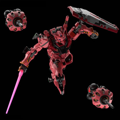 A red combat mecha in dynamic flight, wielding a pink beam saber and large shield, with two red weapon drones