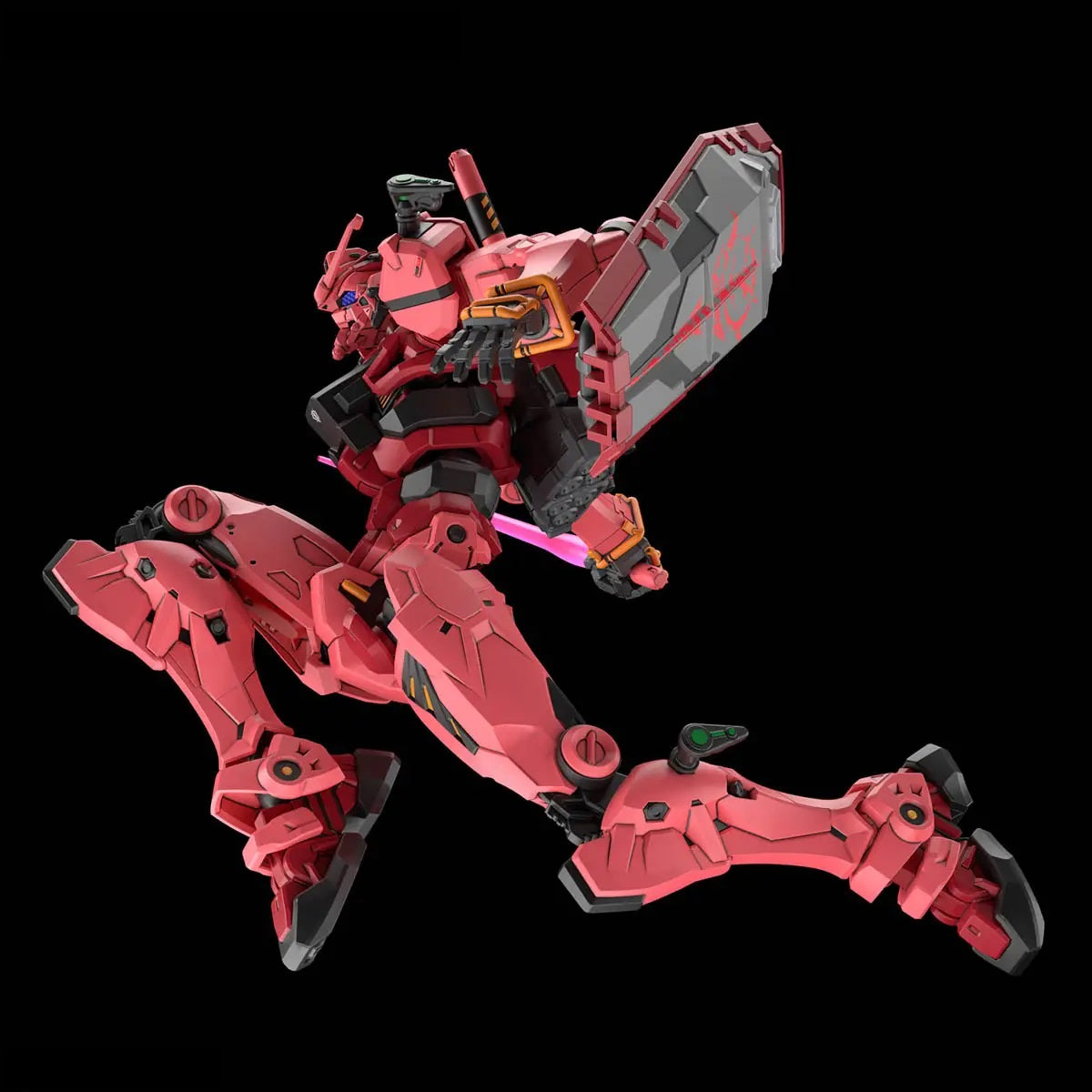 Red combat mecha with blue eyes in mid-air, wielding a gray shield and a pink energy blade