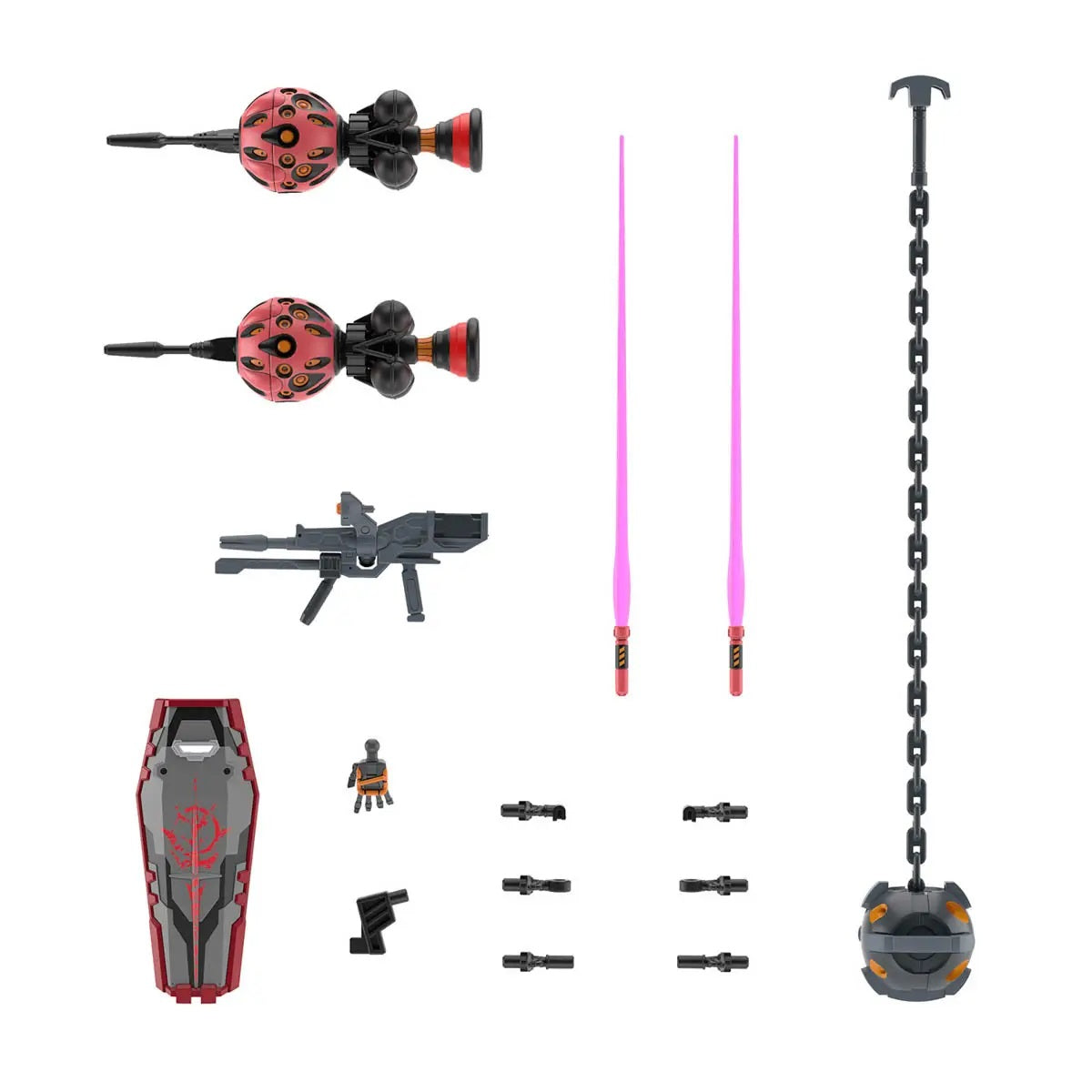 Various Gundam model kit weapons & accessories: 2 red multi-eyed drones, rifle, 2 pink beam sabers, chain mace, shield, robot hand, connectors