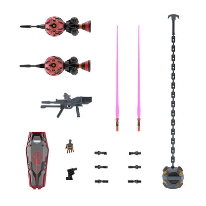 Various Gundam model kit weapons & accessories: 2 red multi-eyed drones, rifle, 2 pink beam sabers, chain mace, shield, robot hand, connectors