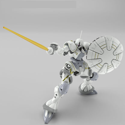 White robot lunging forward, holding a yellow beam saber in one hand and a round shield in the other