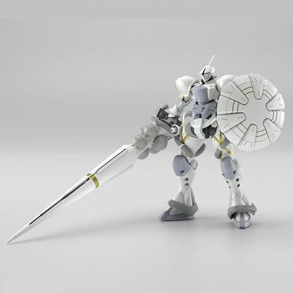 A white and grey mecha model with yellow accents, wielding a long spear and a round shield