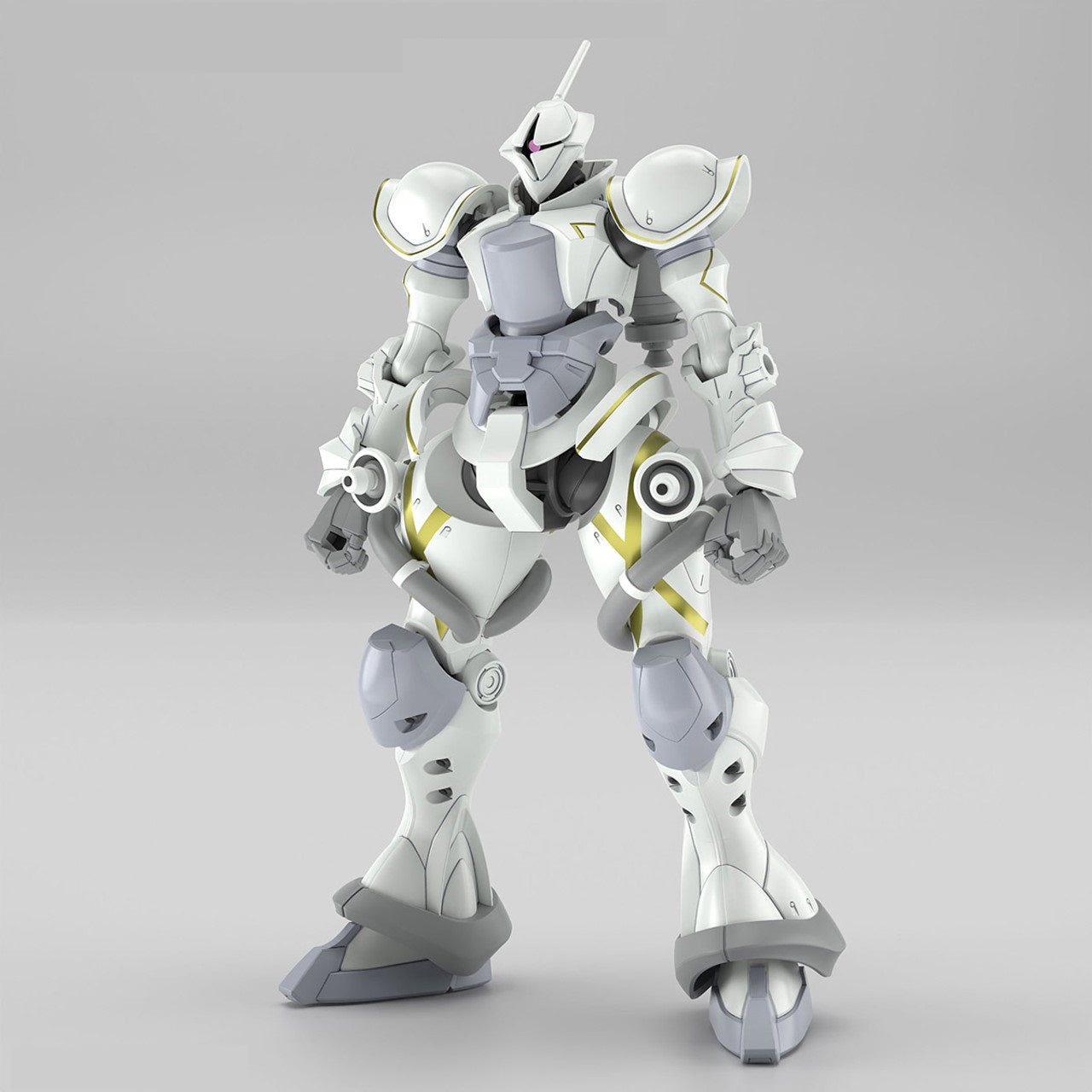 A white, gray, and gold robot with a pink visor stands upright against a plain background