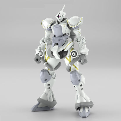 A white, gray, and gold robot with a pink visor stands upright against a plain background