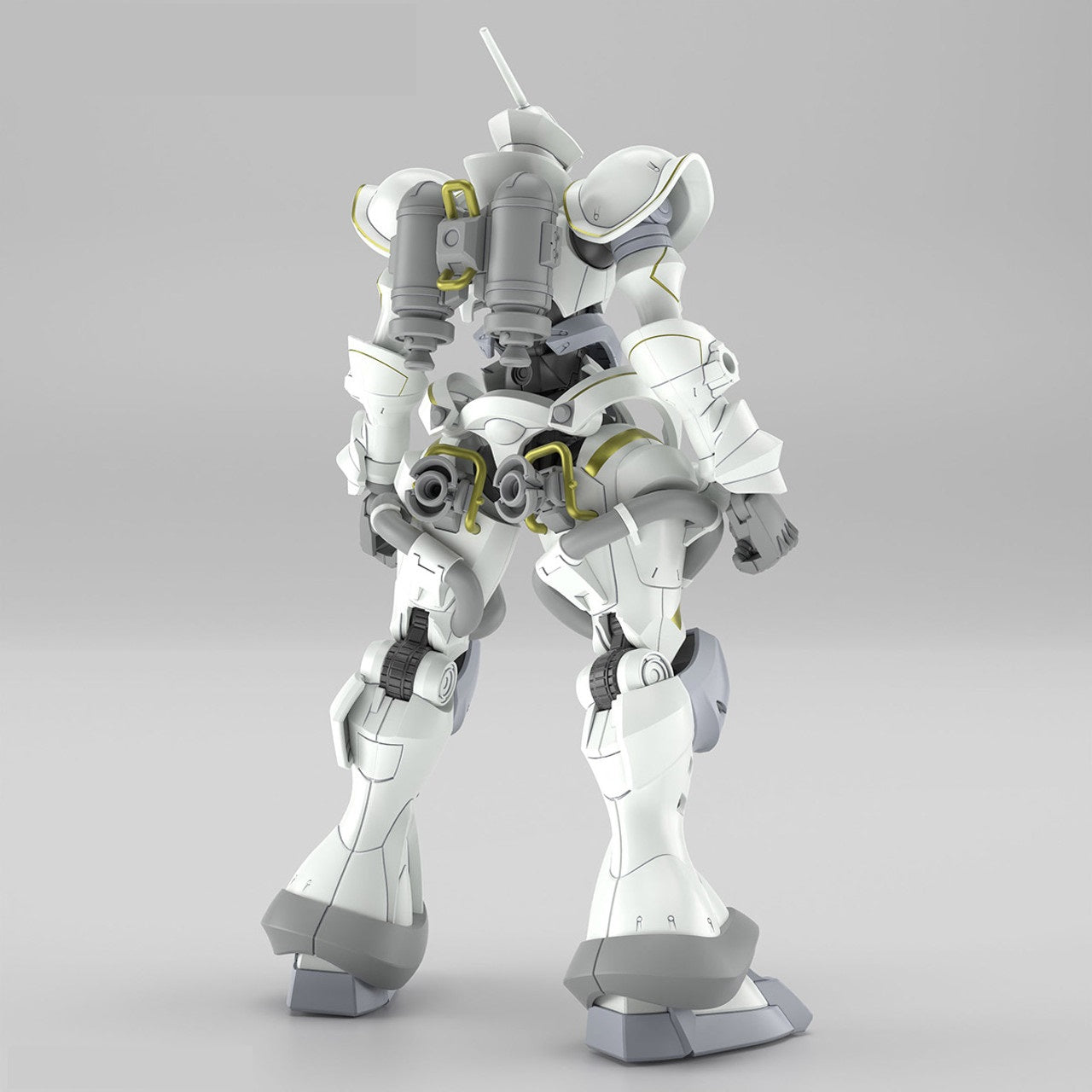 Rear view of a white and gray mech model with gold accents, a backpack, and hip-mounted weapons