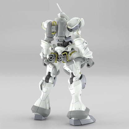 Rear view of a white and gray mech model with gold accents, a backpack, and hip-mounted weapons