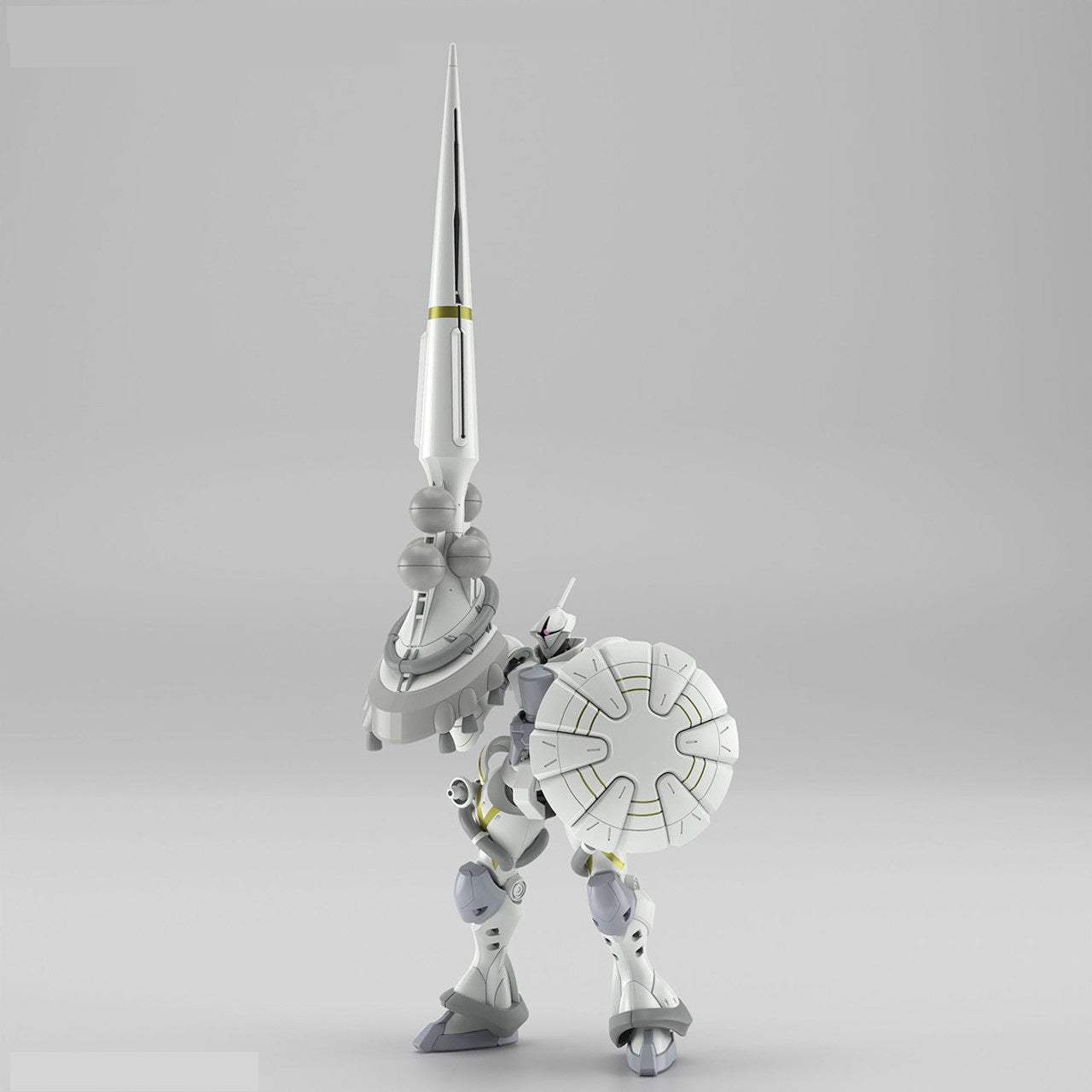 White and gray mecha model with a long lance over its shoulder and a round shield